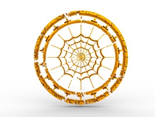 Stamp with spider net and witch hat icons. Round shape. 3d rendering. Metallic material. Golden seal