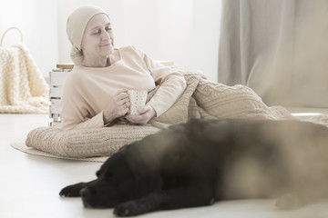 Dog assisting sick woman - obrazy, fototapety, plakaty