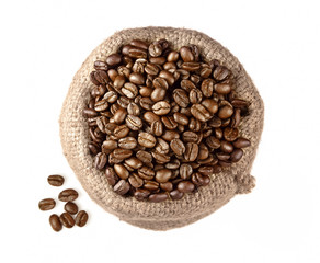 Coffee beans in burlap sack.