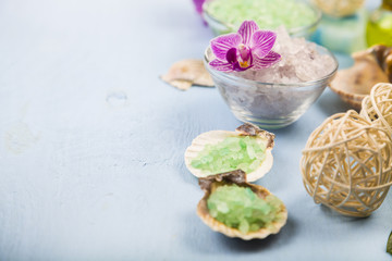 Spa treatments on a blue wooden table.