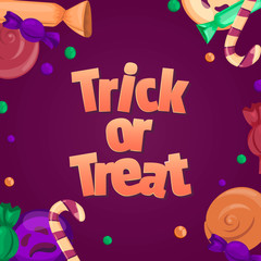Trick or treat. Halloween banner. Colorful sweets and candies icons