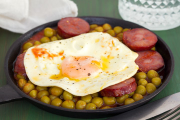 fried egg with smoked sausages and peas