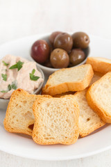 toasts with fish pate and olives on white plate