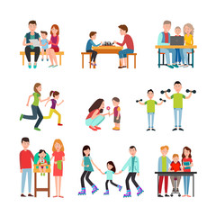 Parents Spend Time with Children Illustrations Set