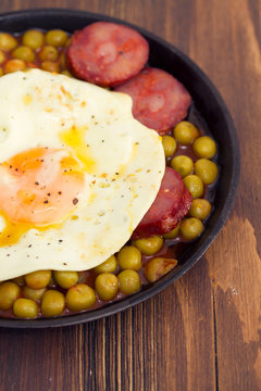 fried egg with smoked sausages and peas