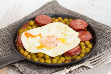 fried egg with smoked sausages and peas