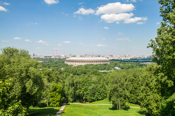 Fototapeta na wymiar Aerial view of Luzhniki Stadium and complex from Sparrow Hills, Moscow, Russia