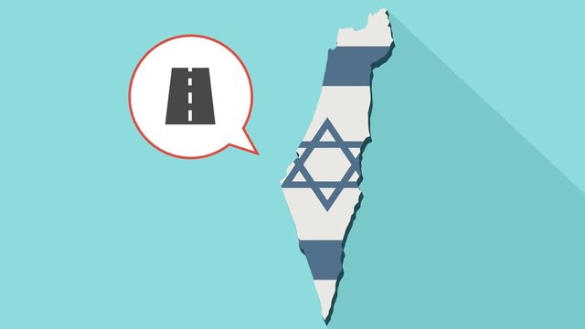 Animation of a long shadow Israel map with its flag and a comic balloon with a road icon