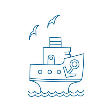 Vector illustration of cartoon ship with anchor and gull.