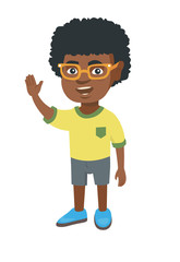 African-american little boy waving his hand. Cheerful boy making greeting gesture - waving hand. Vector sketch cartoon illustration isolated on white background.