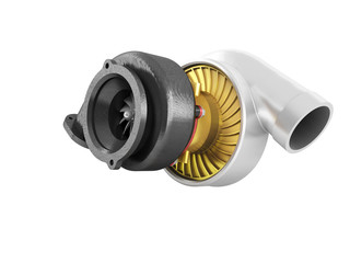 The turbine to the machine is black gray gold 3d render on white background no shadow