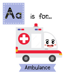 Letter A cute children colorful transportations ABC alphabet tracing flashcard of Ambulance Car for kids learning English vocabulary Vector Illustration.