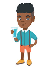 Little african-american boy holding a glass of water in his hand. Smiling boy with water in a glass. Boy drinking water. Vector sketch cartoon illustration isolated on white background.
