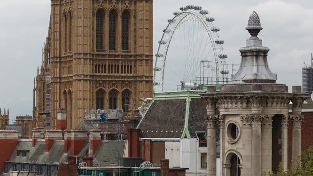 Big Ben Westminster and Victoria Tower in London, Time-Lapse.
Rooftop shot with the London Eye.