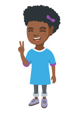 African-american girl showing victory gesture. Little girl showing victory sign with two fingers. Vector sketch cartoon illustration isolated on white background.