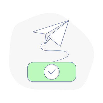 Send e-mail, letter or subscribe to newsletter vector concept. Green button with check mark and departing paper plane. Flat line illustration concept of e-mail marketing. UX / UI element for design.