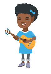 African-american cheerful girl singing and playing the acoustic guitar. Full length of happy girl with a guitar. Vector sketch cartoon illustration isolated on white background.