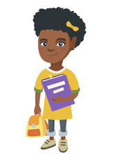 African-american pupil with backpack and tutorial. Full length of smiling happy pupil holding textbook and backpack in hands. Vector sketch cartoon illustration isolated on white background.