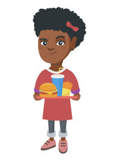 Little african-american girl holding a tray with fast food. Smiling girl eating cheeseburger with french fries and soda. Vector sketch cartoon illustration isolated on white background.