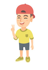 Caucasian boy in a cap showing victory gesture. Little boy showing victory sign with two fingers. Vector sketch cartoon illustration isolated on white background.