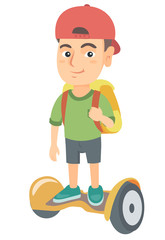 Joyful caucasian schoolboy riding on self-balancing electric scooter. Happy schoolboy with backpack riding on gyroscooter to school. Vector sketch cartoon illustration isolated on white background.