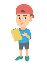 Happy little caucasian boy writing on the paper attached to a clipboard. Laughing boy holding clipboard and pencil. Vector sketch cartoon illustration isolated on white background.