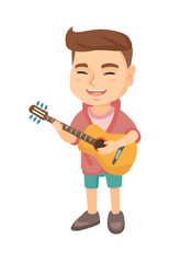 Caucasian cheerful boy singing and playing the acoustic guitar. Full length of happy boy with a guitar. Vector sketch cartoon illustration isolated on white background.