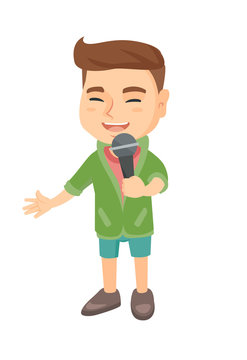 Caucasian little boy singing into a microphone. Smiling happy boy singing with a microphone. Boy holding a microphone. Vector sketch cartoon illustration isolated on white background.