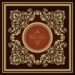 Vintage border  engraving with retro ornament pattern. Golden frame. Template for design.