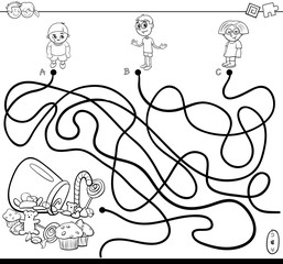 paths maze with kids and candy coloring book