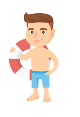 Little caucasian boy in shorts holding a red-white lifebuoy. Smiling boy standing with lifebuoy. Boy is going to swim with lifebuoy. Vector sketch cartoon illustration isolated on white background.