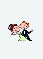 Couple of newlyweds dancing, happy. Vector isolated characters.