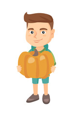 Cheerful caucasian boy standing with a big orange pumpkin in hands. Happy smiling boy picking a pumpkin for Halloween. Vector sketch cartoon illustration isolated on white background.