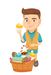 Little caucasian boy holding a yummy cupcake and stroking his belly. Happy boy standing near the bowl full of sweets. Vector sketch cartoon illustration isolated on white background.