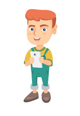 Caucasian boy using a smartphone. Little boy with smartphone. Boy addicted to his smartphone. Smiling boy playing game on mobile phone. Vector sketch cartoon illustration isolated on white background.