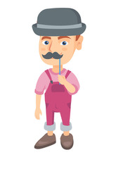 Little caucasian boy wearing hat bowler and holding fake moustache on a stick in front of his face. Boy with fake mustache. Vector sketch cartoon illustration isolated on white background.