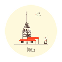 Turkey landmark Maiden tower of Istanbul city cartoon vector illustration isolated on light background, travel icons, decorative colorful sign building, line art style for design advertising,printing