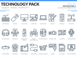 Devices Icons Set. Editable Stroke. Technology outline icons pack. Pixel perfect thin line vector icons for web design and website application.