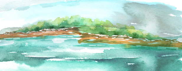 Watercolor landscape, river bank, island, silhouette of trees, bushes. Summer landscape on white isolated background. A blot, a splash, resembles a natural landscape. Blue color.