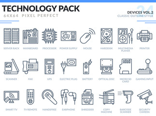 Devices Icons Set. Technology outline icons pack. Pixel perfect thin line vector icons for web design and website application. - obrazy, fototapety, plakaty