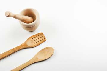 Wooden utensils for the kitchen. Copy space.