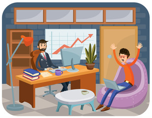 Vector cartoon illustration of the head with a subordinate, employee, partner, conducts negotiations, work on computers, solve work issues.