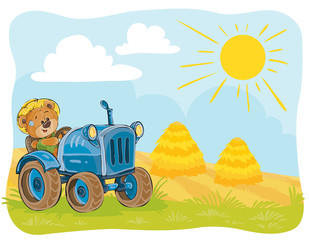 Fototapeta premium Vector illustration teddy bears tractor driver working on the field.
