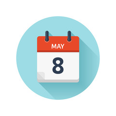 May 8. Vector flat daily calendar icon. Date and time, day, month 2018. Holiday. Season.