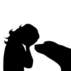 Vector silhouette of woman with dog in white background.