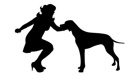 Vector silhouette of woman with dog in white background.