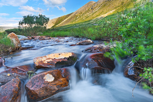 A clean mountain stream in the Subpolar Urals.