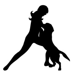 Vector silhouette of woman with dog in white background.