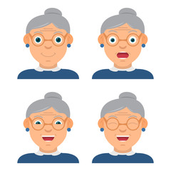 The amusing grandmother wearing spectacles the character with different emotions and a look. The smile, surprised, kind, cheerful woman.Face icons.In flat style vector.