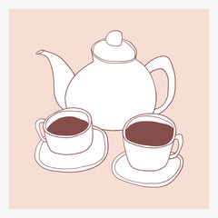Doodle teapot and two cups. Teatime hand drawn vector illustration 
